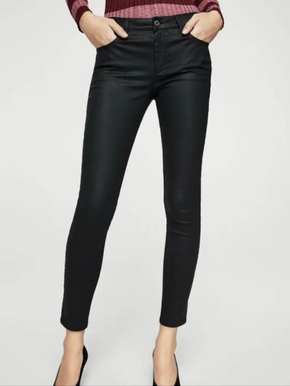 Mango Belle Black Coated Waxed Denim Skinny Jeans, Size 4